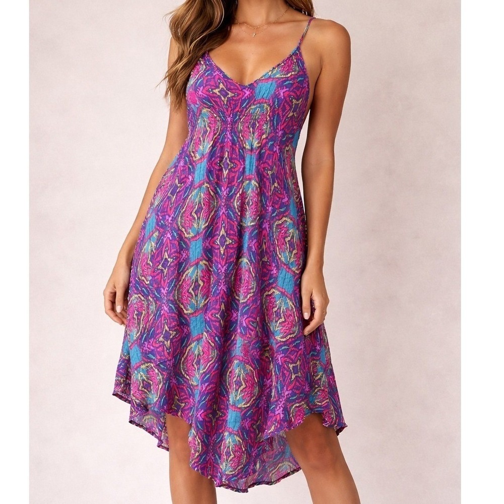ASTR Colorful Boho Print Swing Dress Spaghetti Strap Sundress Festival Midi Sz S